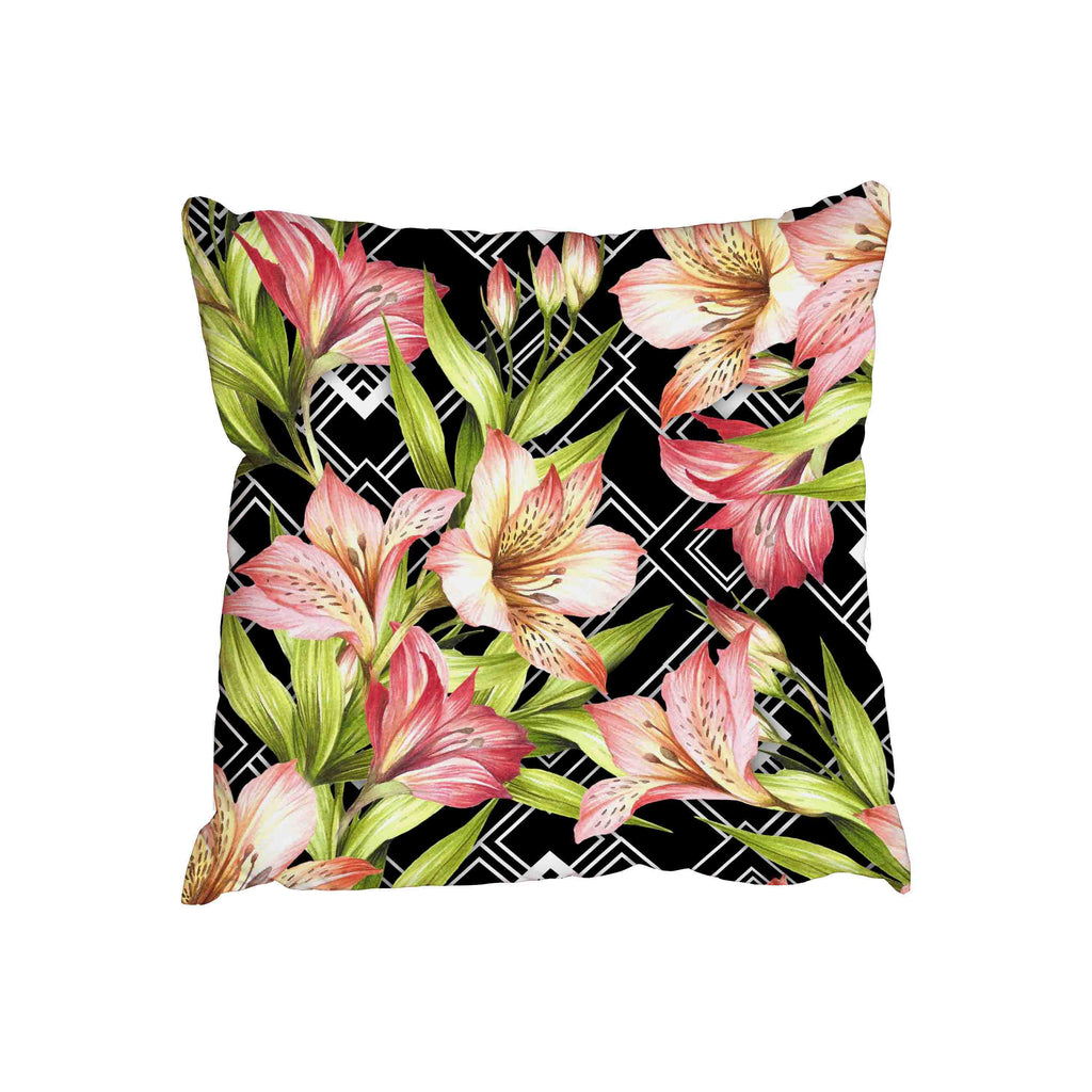 Alstroemeria flowers on abstract white black geometric background (Cushion) - Andrew Lee Home and Living