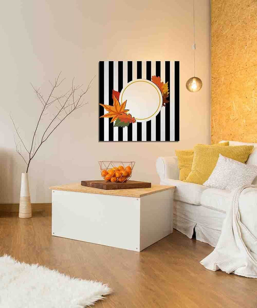New Product Autumn leaves illustration with black and white stripes (Mirror Art print)  - Andrew Lee Home and Living