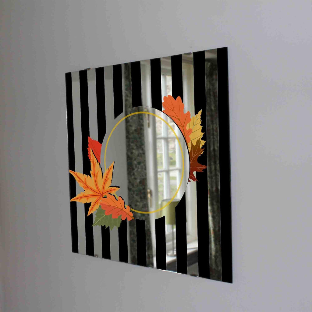 New Product Autumn leaves illustration with black and white stripes (Mirror Art print)  - Andrew Lee Home and Living