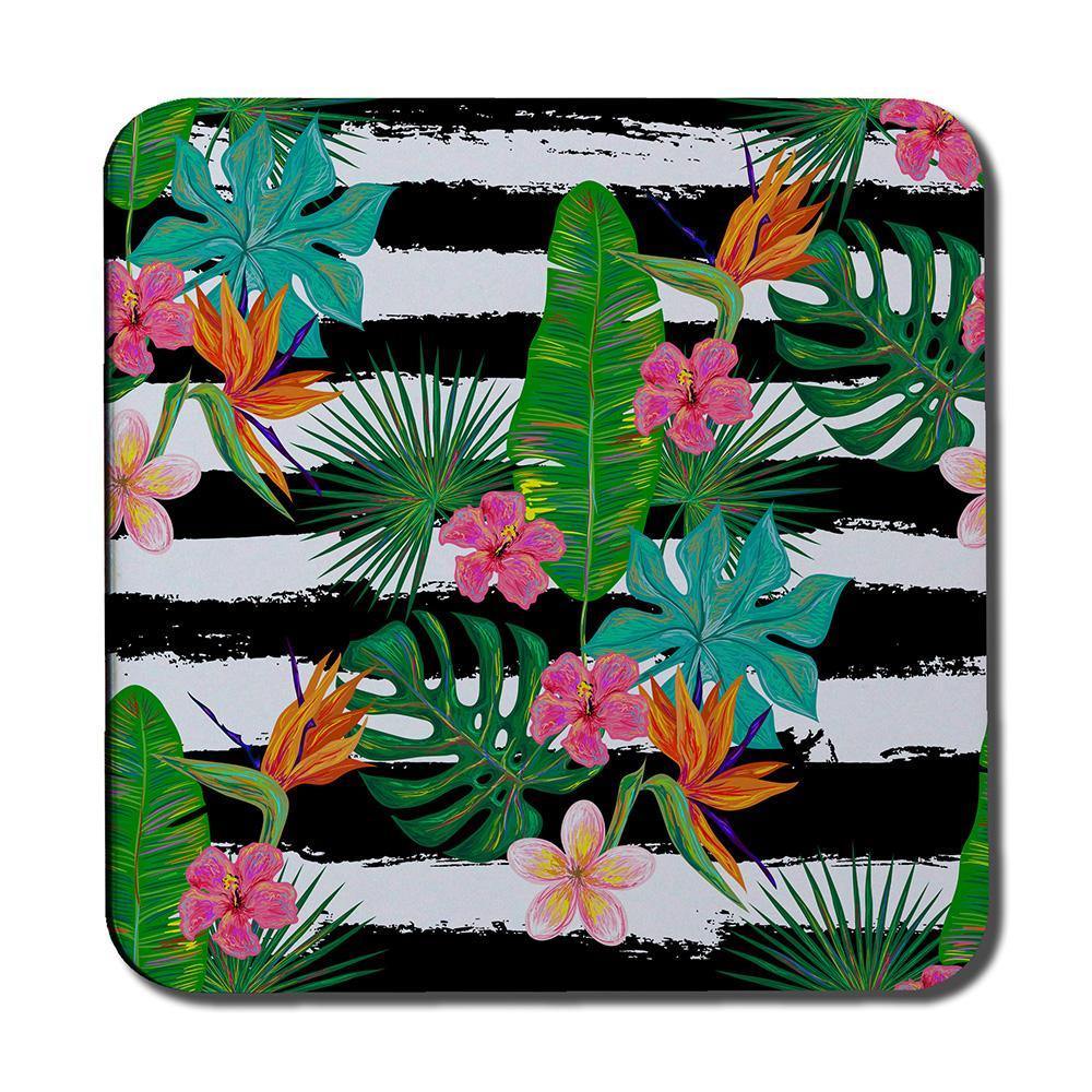 Tropical Plants on Black & White Stripes (Coaster) - Andrew Lee Home and Living