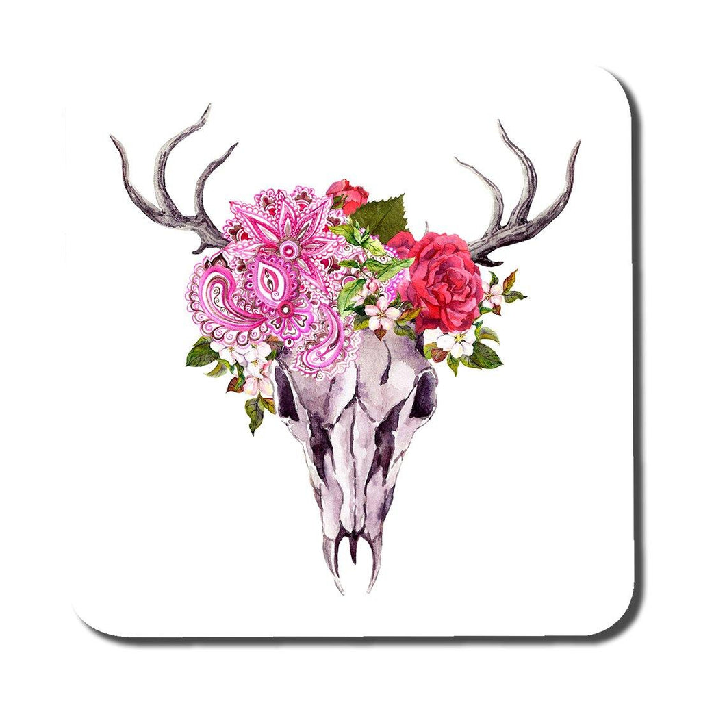 Deer animal skull with flowers and feathers (Coaster) - Andrew Lee Home and Living