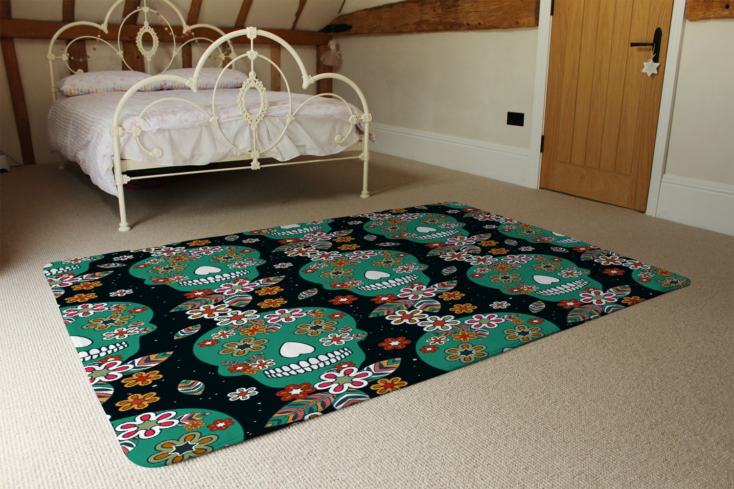 Simplified Magazine Rug Embroidery colorful simplified ethnic flowers and skull pattern (Rug ...